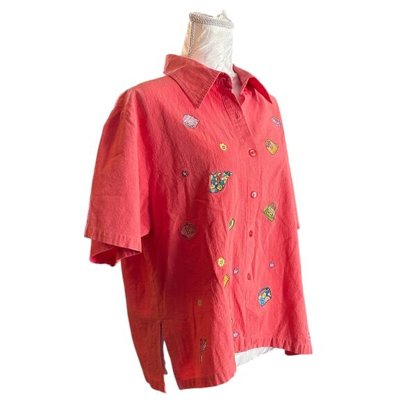 Vintage Coral Pink Embroidered Button-Up Shirt Whimsical Cotton Top Sz Large - Picture 3 of 14